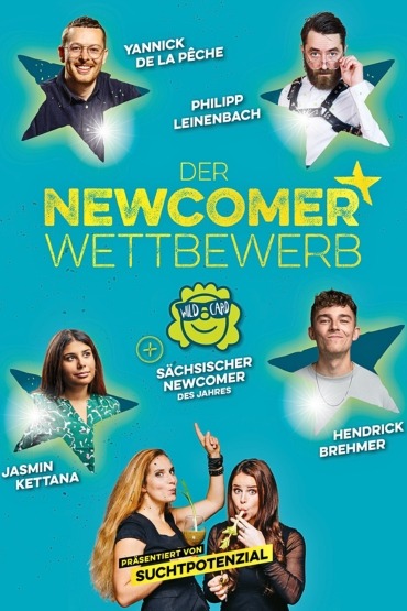 Werbegrafik der Live-Comedy Show "Newcomer Wettbewerb 2027" mit  Yannick De La Peche, Philipp Leinenbach, Jasmin Kettana und Hendrik Brehmer